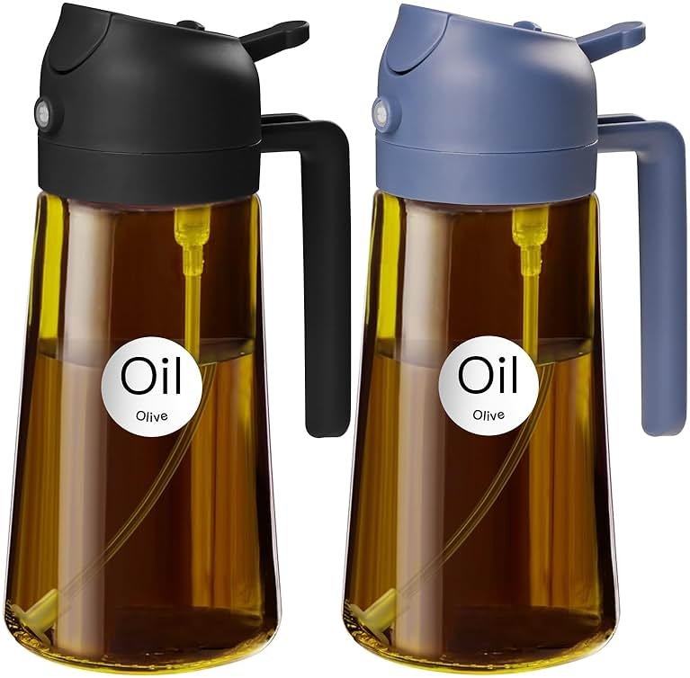 YARRAMATE 2Pcs 16oz/470ml Dark Brown Oil Sprayer for Cooking with Stickers, Food-grade Premium 2 in 1 Olive Oil Dispenser Bottle for Kitchen Gadgets, Air Fryer, Salad, Frying, BBQ (Black&Navy) - Product Image