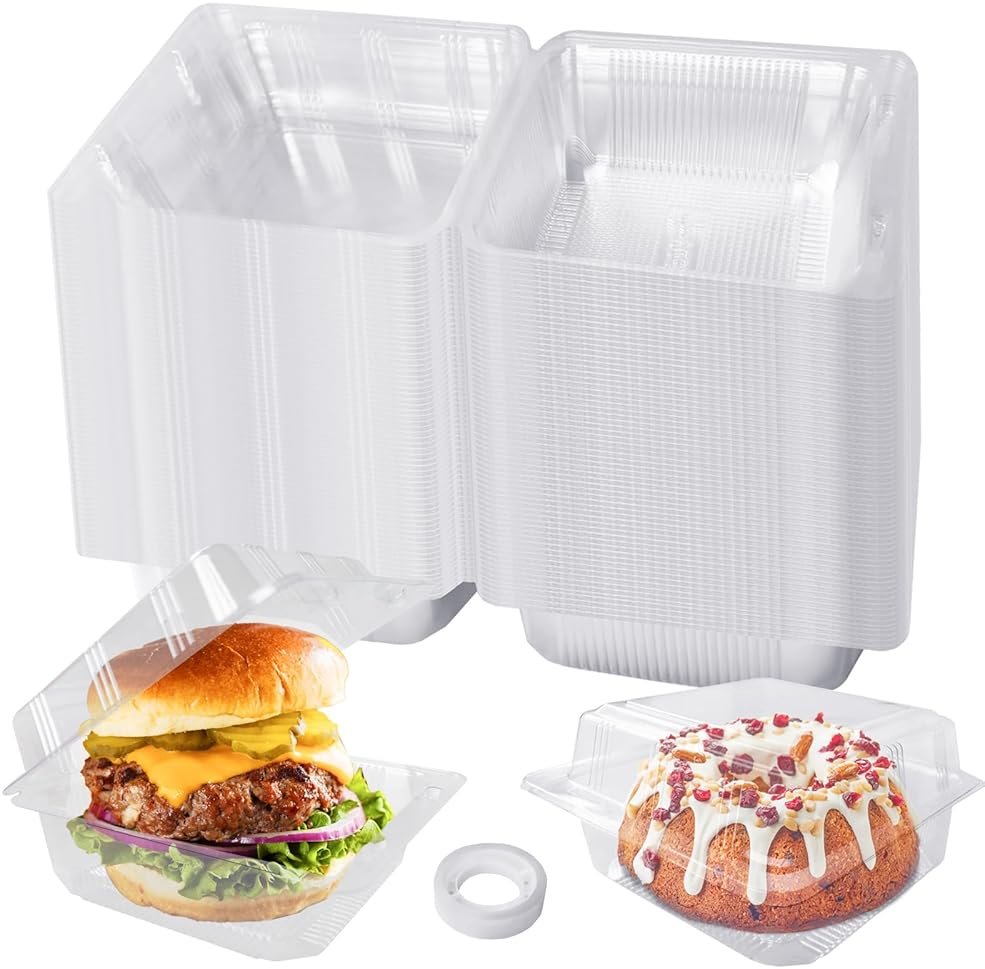 Haawooky 100 Pcs Clear Plastic Square Hinged Food Container,Disposable Cake Slice Clamshell Takeout Tray,Plastic To Go Containers with Clear Lids for Pastry,Salad,Dessert,Sandwiches,5.3"x 5.1"x 2.4" - Product Image