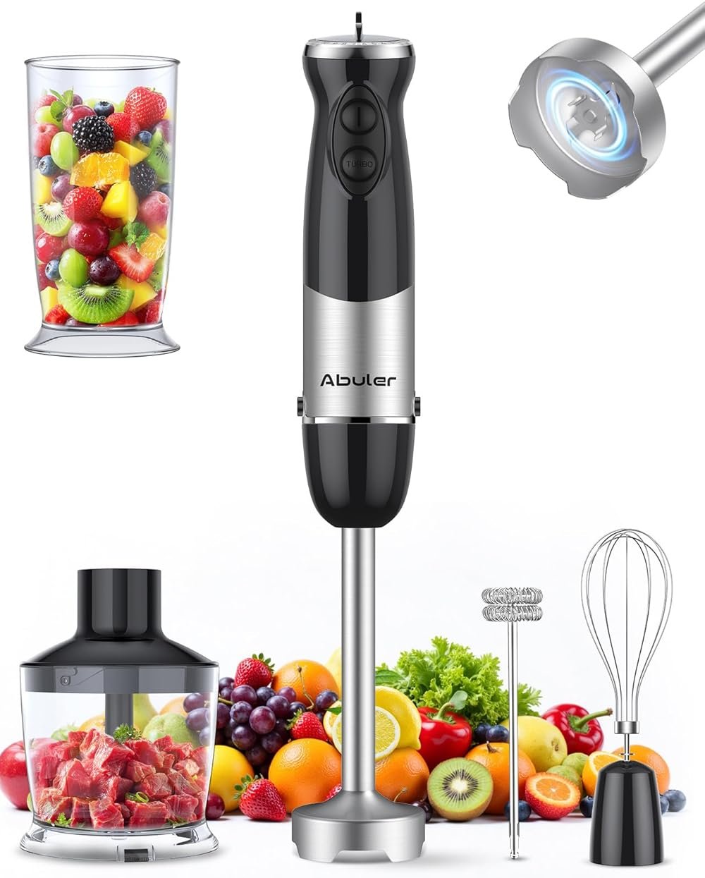 Immersion Blender Handheld 1000W 5 in 1 Corded Stick Hand Blender Kitchen with 12 Speed, BPA-Free, Mixing Beaker, Chopper, Whisk, Milk Frother, Perfect Emulsifier for Soup, Baby Food, Sauce, Puree - Product Image