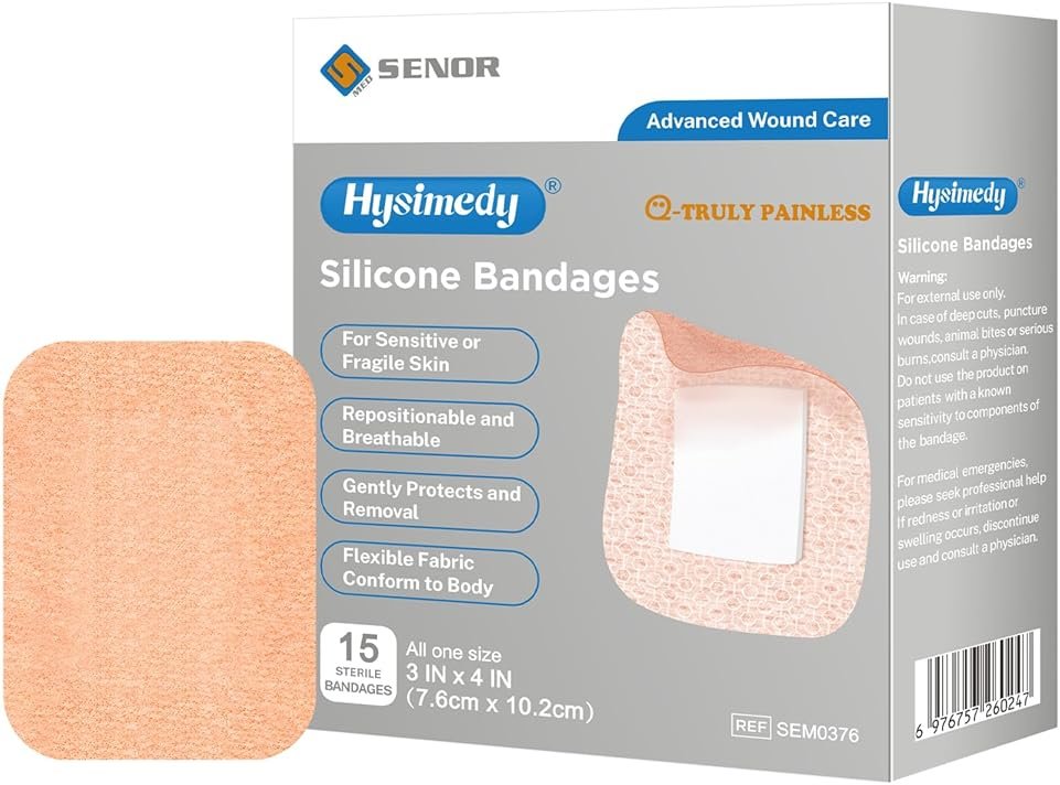 Hysimedy Silicone Bandages for Sensitive Fragile Skin 3"x4" 15 Count Flexible Fabric Latex Free Hypoallergenic Breathable Large Bandages for Wounds Easy Painless Removal for Geriatric and Children - Product Image
