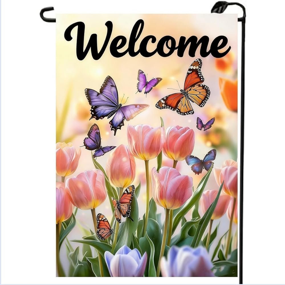 Spring Summer Garden Flag 12x18 Double Sided, Small Burlap Flowers Tulip Welcome Garden Flags Spring Summer Decorations Outdoor Yard Flags for Outside Lawn Décor - Product Image
