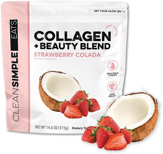 Clean Simple Eats Collagen Powder + Beauty Blend, Strawberry Colada, Hydrolyzed Collagen Peptides from Grass Fed Bovine & Chicken, Hyaluronic Acid for Hair, Skin, Nail & Joint Support, 30 Servings - Product Image