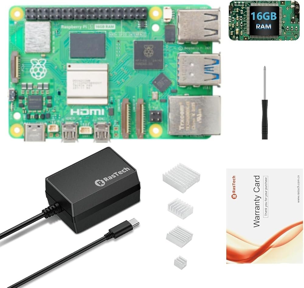 RasTech Raspberry Pi 5 Kit 16GB RAM with 27W PD Power Supply 5.1V5A,Heat Sinks and Raspberry Pi 5 16GB Board Included - Product Image
