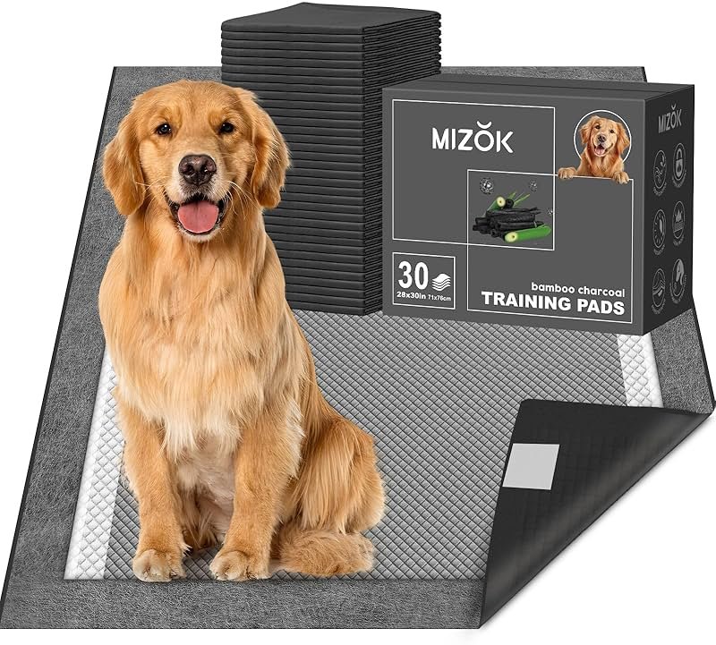 MIZOK Dog Pee Pads Charcoal, 28x30in Large Wee Wee Pads for Dogs, Superior Odor Protection, Super Absorbent & Leak-Proof, Puppy Pads with Adhesive Tabs, Thick & Heavy (30 Count) - Product Image