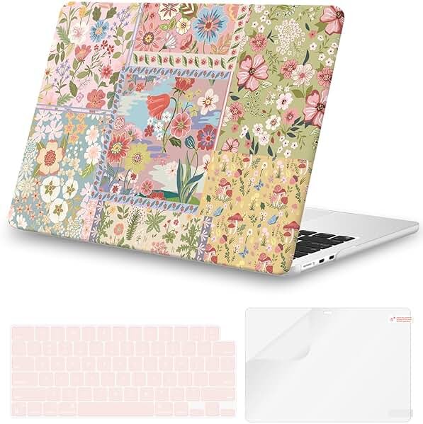 iCasso for MacBook Air 13.6 inch Case M5 2026 M4 2025 M3 M2 2024-2022 Model A3449 A3240 A3113 A2681, Flower Pattern Sturdy Protective Hard Shell Cover for Mac Book Air 13 inch,Pink Floral Patchwork - Product Image