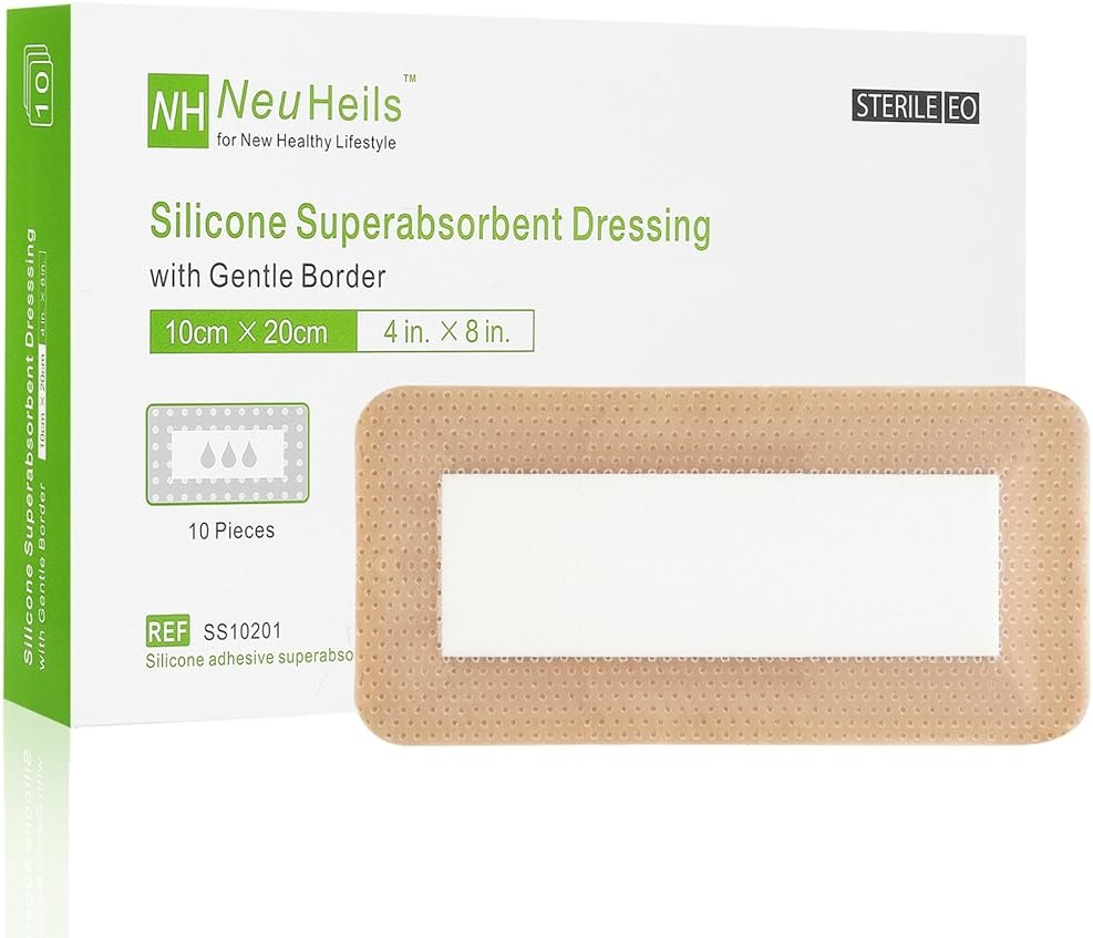 NeuHeils Silicone Super Absorbent Wound Dressing, 4x8 Inch (10 Pack), 2x6 Inch Absorbent Pads | Post-Surgery, Bed Sores, Pressure Ulcers | Self-Adhesive Bandage for Surgical Wounds & Cuts - Product Image
