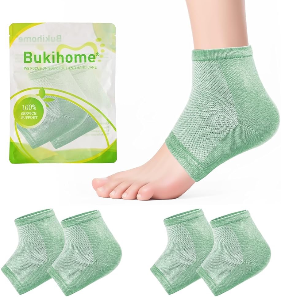 Moisturizing Socks for Cracked Heel Treatment - Bukihome 2 Pairs Moisturizer Socks for Dry Cracked Feet - Toeless Gel Socks for Women & Men,Hydration and Repair (Green) - Product Image