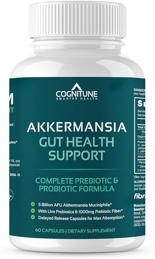 CogniTune Probiotic with 5 Billion AFU Akkermansia Muciniphila - Supports Gut Health with 30 Billion CFU and Prebiotic Fiber - Delayed Release Capsules - Product Image