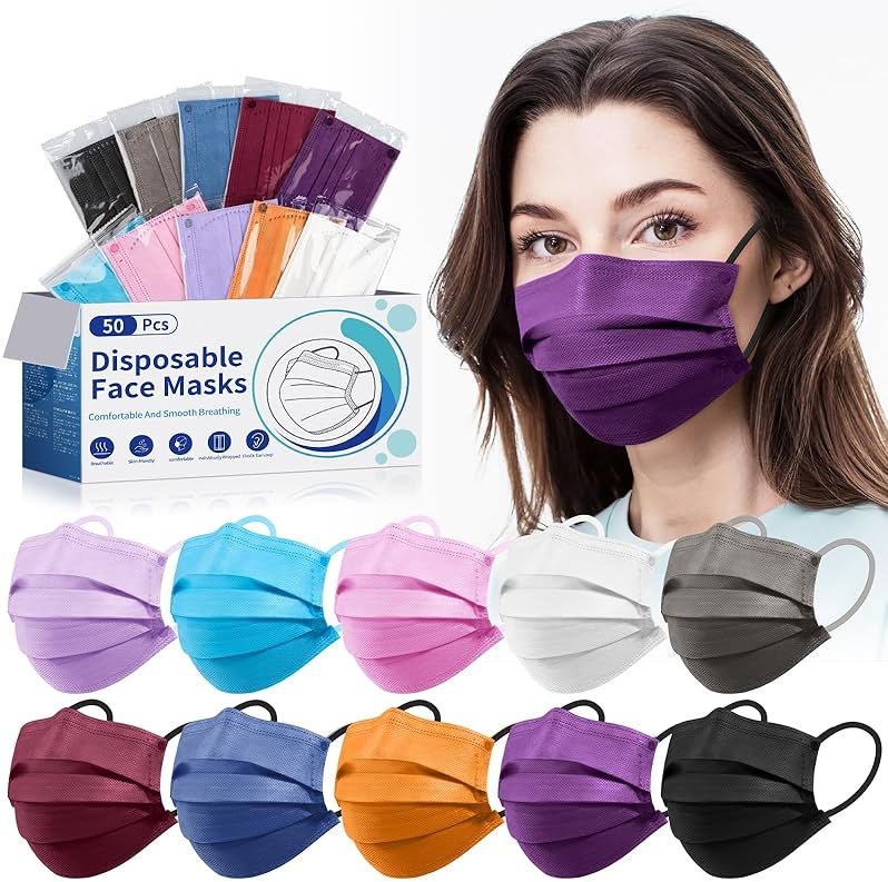 Disposable Face Mask for Adults - 4 Ply Protection, Individually Wrapped 50 Pack, 10 Colors, Breathable Comfortable & Safe - Product Image