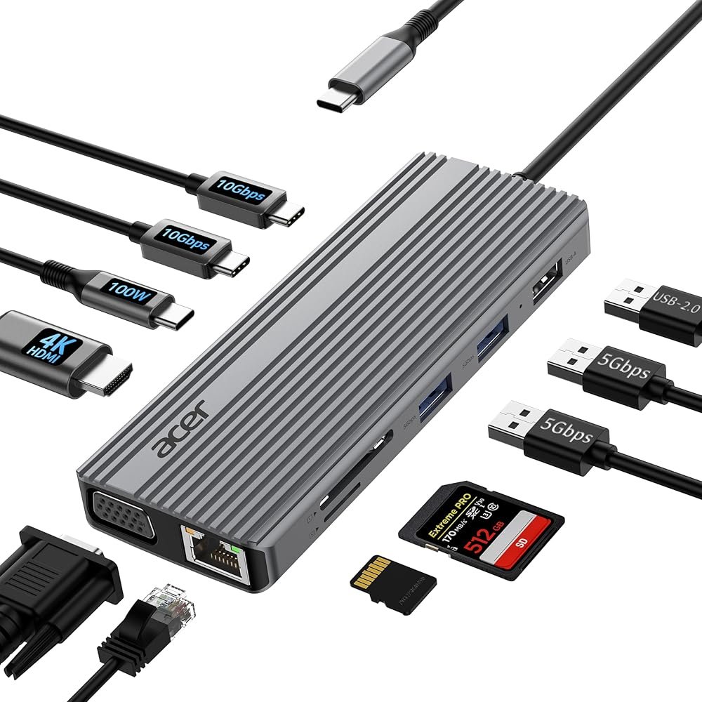 Acer 11 in 1 USB C HUB Multiport Adapter with 4K@60Hz HDMI, 2x10Gbps USB C, 2x5Gbps USB A, 100W PD Port, 1000Mbps Ethernet, 1080P VGA, SD/TF, Laptop Docking Station Dual Monitor for PC, Desktop - Product Image