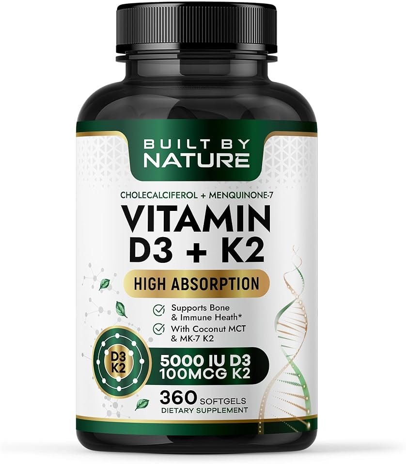 Built by Nature Vitamin D3 K2 5000 IU + 100 mcg MK-7 - Extra Strength, High Absorption - Bone, Heart & Immune Support - Coconut MCT Oil - Non-GMO – 1 Year Supply - 360 Softgels - Product Image