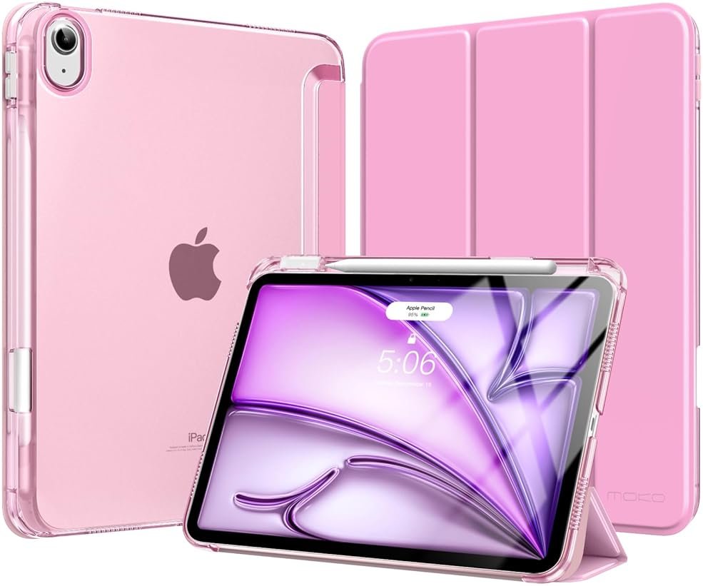 MoKo for iPad Air 11 inch Case (M4/M3/M2) 2026/2025/2024, iPad Air 5th/4th Gen 10.9 inch Case 2022/2020 with Pencil Holder, Slim Light Trifold Cover with Hard PC Translucent Back Shell, Pink - Product Image