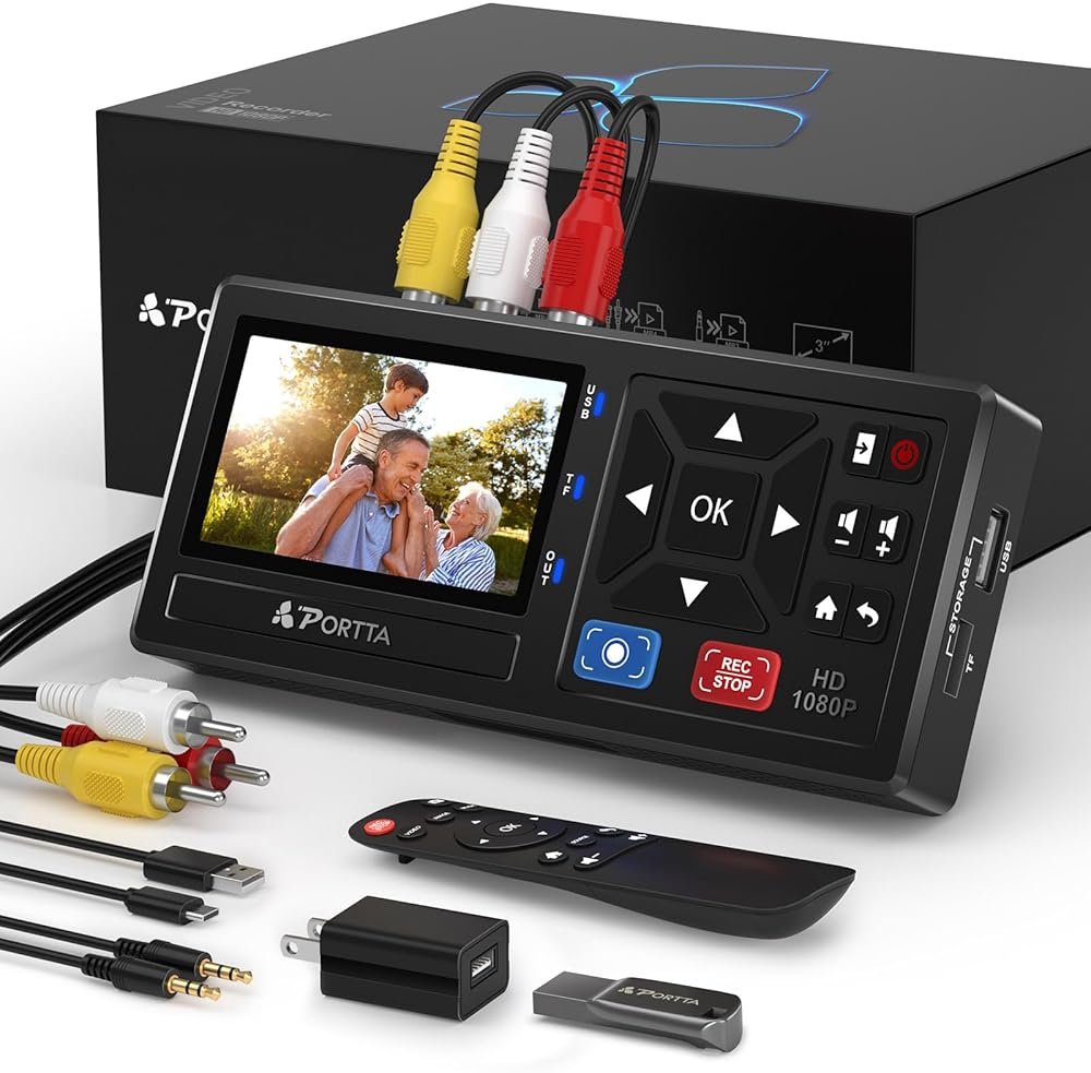 Portta VHS to Digital Converter with 128GB USB3.0 Flash Drive, Video to Digital Recorder, Compatible with VHS, VCR, DVR, DVD, Hi8, Mini DV, Gaming Consoles (VCR, VHS/DVD Player, Camcorder Required) - Product Image