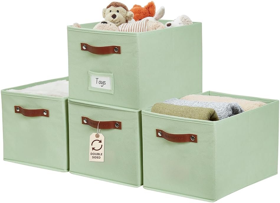 DECOMOMO Storage Bins, Storage Baskets for Shelves (Green) | 4 Pack Fabric Storage Bins, 15" x 11" x 9.9" Foldable Storage Bins with Labels - Product Image