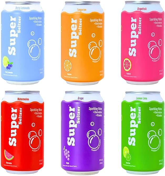 Super Seltzer Sparkling Water with Electrolytes and Vitamins, Original 6-Flavor Variety Pack, Naturally Flavored, 12 Fl Oz, Pack of 6 cans - Product Image