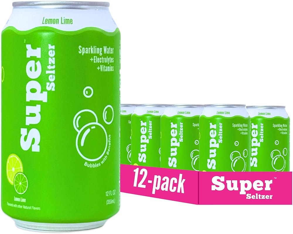 Super Seltzer Sparkling Water with Electrolytes and Vitamins, Lemon Lime Naturally Flavored, 12 Fl Oz, Pack of 12 cans - Product Image