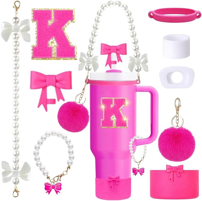 9PCS Pink Stanley Cup Accessories Set for 30oz 40oz Tumbler with Handle, Includes Pearl Strap, Bow Straw Toppers& Boot, Decorations Charms, Letter Sticker, Spill Proof Stoppers(Pink K) - Product Image