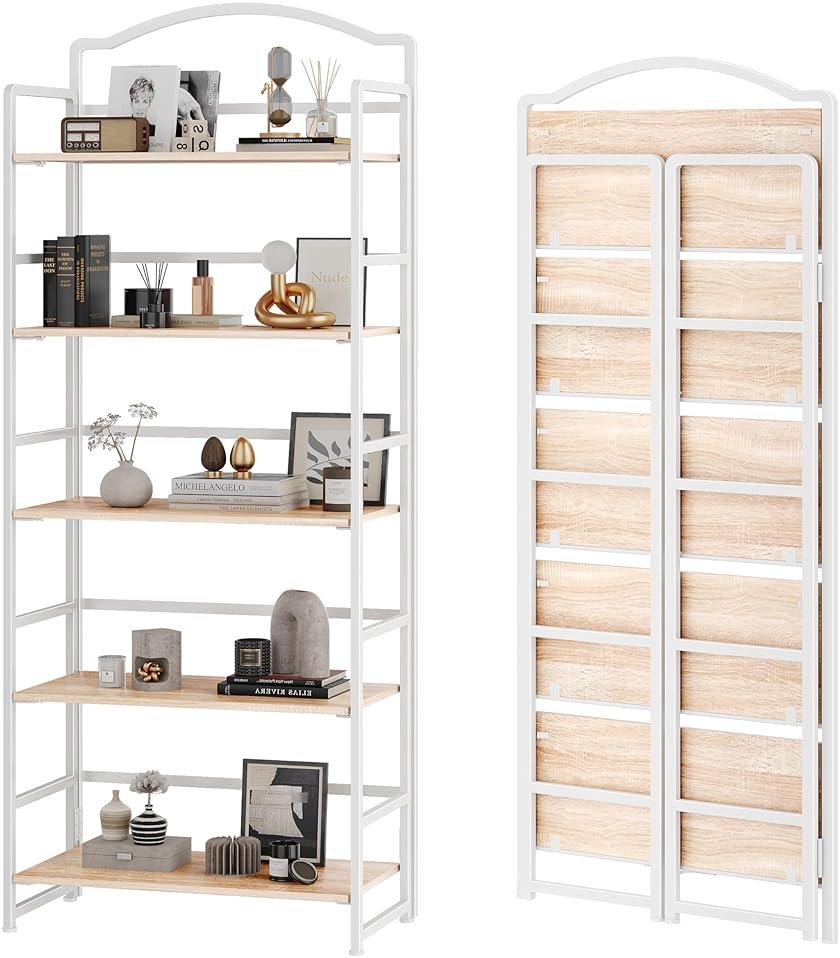JSB 5 Tier No Assembly Folding Bookshelf, Arched Bookshelf, Foldable Bookcase for Living Room, Bedroom, Office,Skinny Bookshelf (White) - Product Image