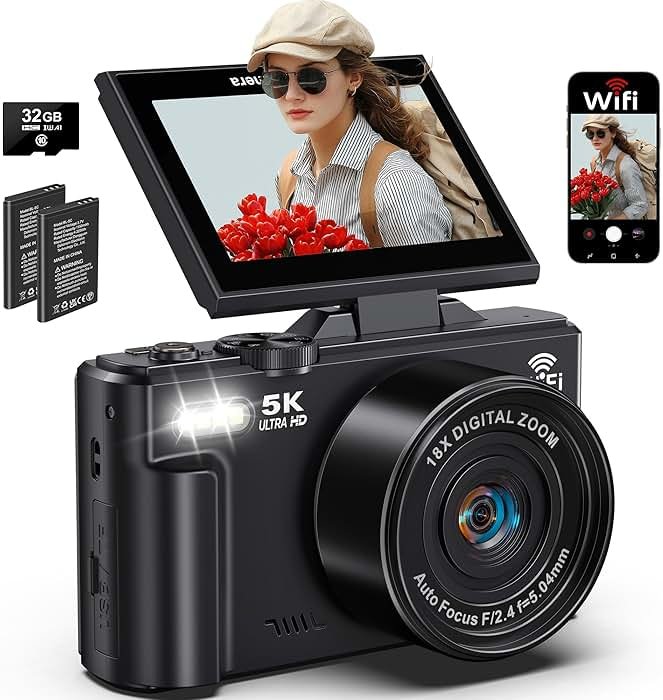 5K Digital Camera for Photography, 75MP WiFi Vlogging Camera for YouTube, 18X Zoom UHD Autofocus, 3" 180° Flip Screen, Video Camera with 32GB SD Card & 2 Batteries - Product Image