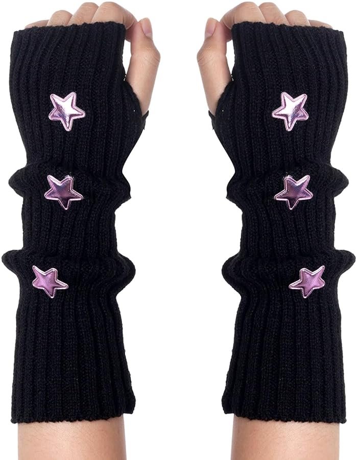 Marrywindix Cute Arm Warmers Y2K Knitted Star Arm Cover Fingerless Gothic Fingerless Glove Punk Winter Glove for Women Girls - Product Image