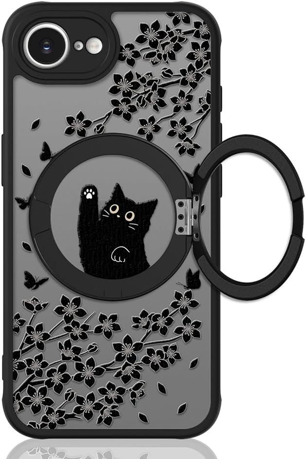 Heaofei Cute Case for iPhone 17e & 16e Case with Stand [ Compatible with MagSafe ] Kawaii Black Cat & Floral & Butterflies Pattern Design 360 Magnetic Ring Kickstand Phone Cover for Women Girls Boys - Product Image
