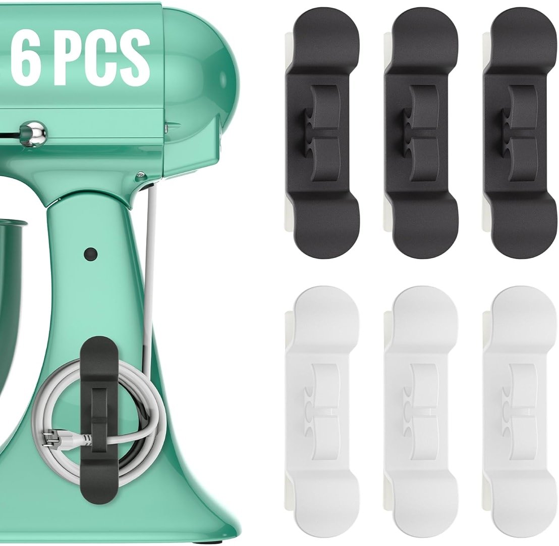 6PCS Cord Organizer for Appliances, Upgraded Kitchen Appliance Cord Wrap, Cord Holder Stick on Pressure Cooker, Coffee Maker, Air Fryer and Blender(3 Black + 3 White) - Product Image