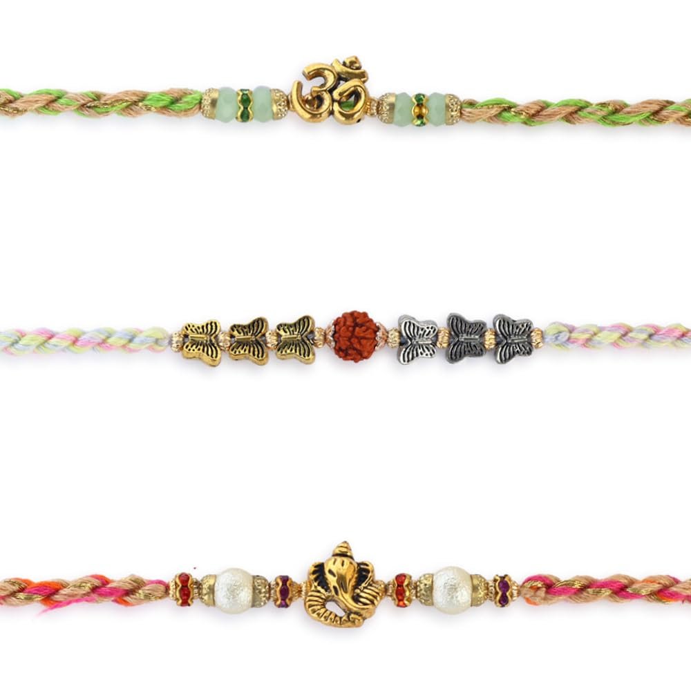 Set of 3 Rakhi for Brother with Raksha Bandhan Greeting Card & Roli Chawal Tika | Raksha Bandhan Rudraksha Om Rakhi for Brothers | Ganesh Rakhi for Small Brother Bhaiya | Rakhi Thread ARNJ25-V5 - Product Image