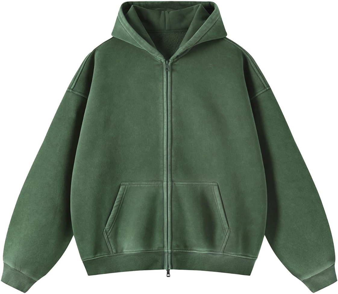 Talakeno Womens Double Zip Up Hoodies Oversized Heavyweight Fleece Sweatshirt Acid Wash Hoodie Vintage Distress Cotton Jacket - Product Image