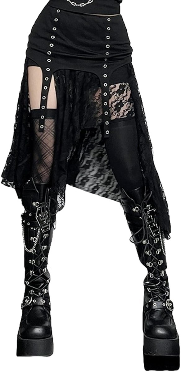 Inpunktoo Goth Asymmetrical Midi Skirt Women Y2k Lace High-Low Fairy High Waist - Product Image