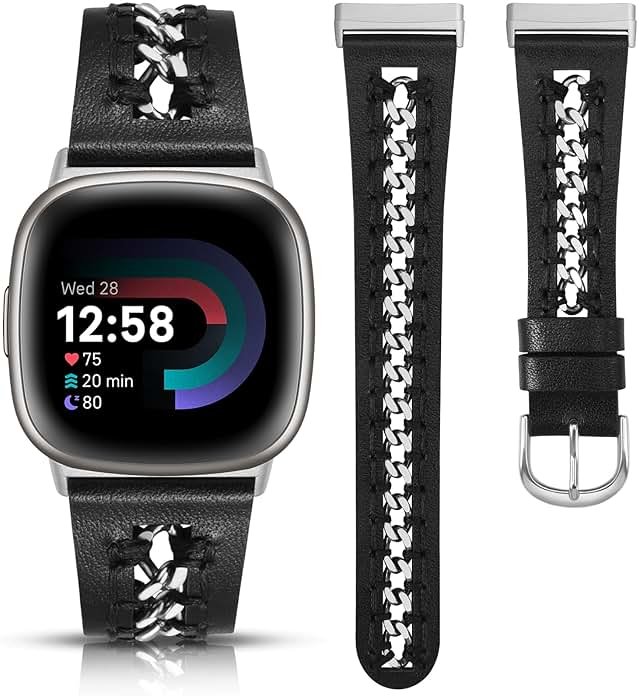Minyee Leather Band Compatible with Fitbit Versa 4/3/Fitbit Sense 2/1 Bands Women, Dressy Premium Leather Designer Strap with Stainless Steel Metal Chain for Versa 3 4 Sense 2 Smartwatch - Product Image