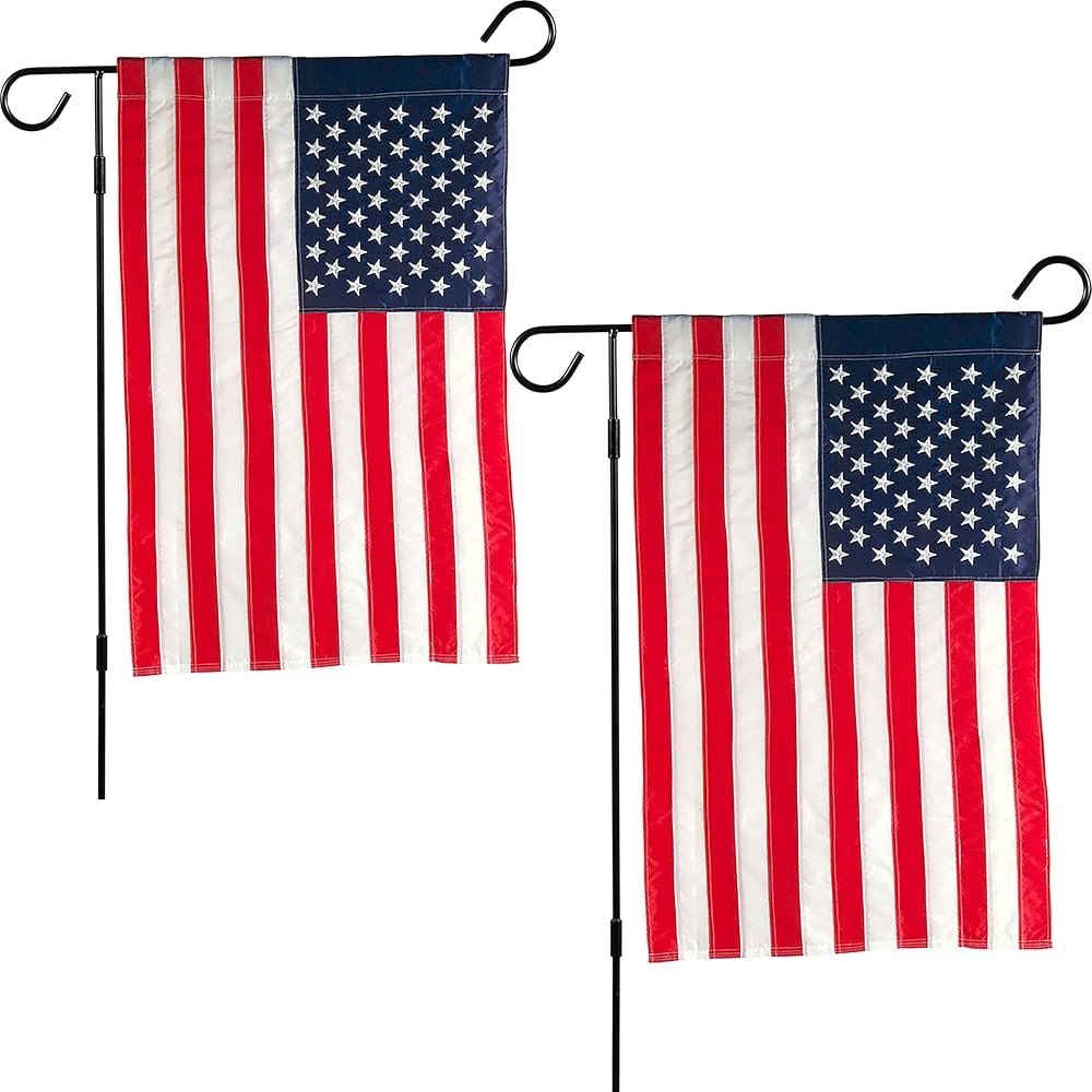 Evergreen 2 pcs American Flags with 2 Flag Stands | Set of 4 | Garden Flags 12x18 Double Sided | Patriotic House Flags For Outside | Small American Flag Garden Size | Embroidered Stars and Stripes | USA Residential or Commercial - Product Image