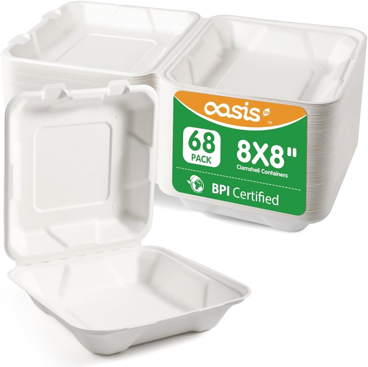 OasisSN 8×8", 68-Pack Disposable Clamshell Take Out Food Containers, Biodegradable Paper To Go Boxes for Burgers, Sandwiches, Fries & More (White) - Product Image