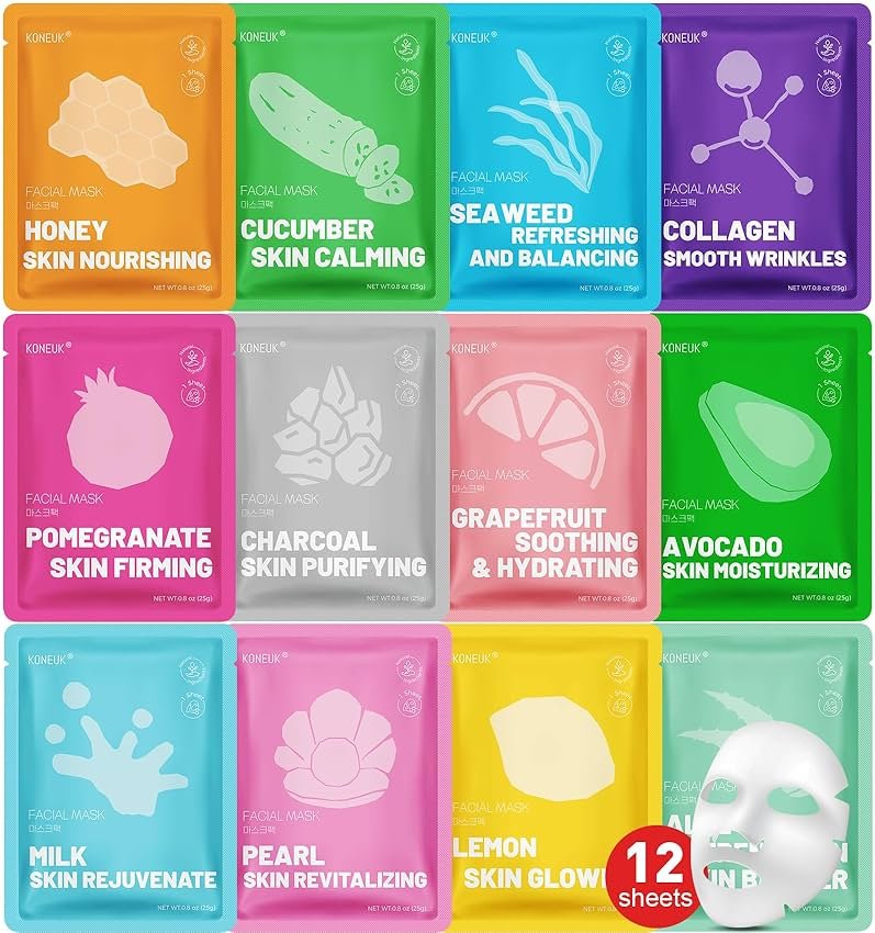 KONEUK 12 Pack Collagen Hydrating Face Masks Skincare, Sheet Face Mask for All Skin Types, Facial Masks Set for Women Skin Care, Face Mask Bulk Spa Gifts for Women - Product Image