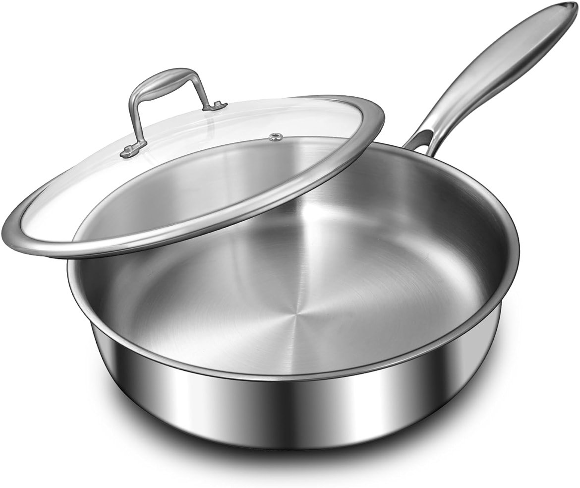 EWFEN 12 Inch Tri-Ply Stainless Steel Frying Pan, Compatible with All Cooktops Up to 600℉, Large Frying Pan with lids, Induction-Ready Skillet, Dishwasher and Oven Safe, Even Heat, 12" Saute Pan+Lid - Product Image