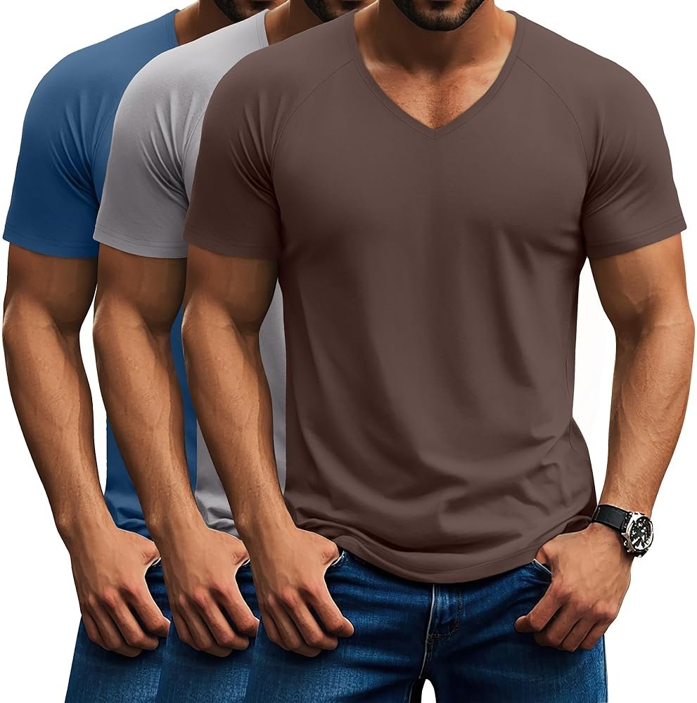 Riyiper 3 Pack Men's Short Sleeve V Neck T-Shirts Raglan Curved Hem Shirts Casual Basic Tops Soft Summer Stretchy Tees - Product Image