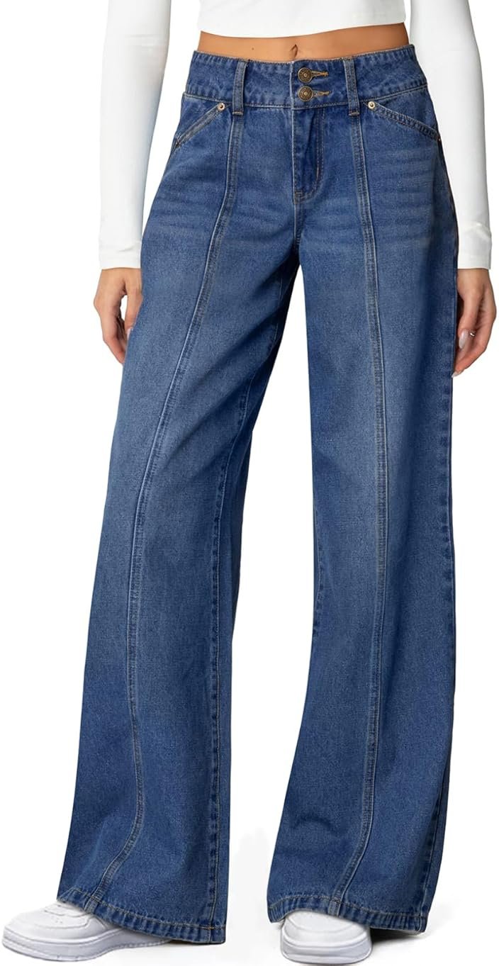 Sidefeel Women's Wide Leg Jeans High Waisted Stretchy Straight Leg Jeans Trendy Seamed Front Loose Denim Pants - Product Image