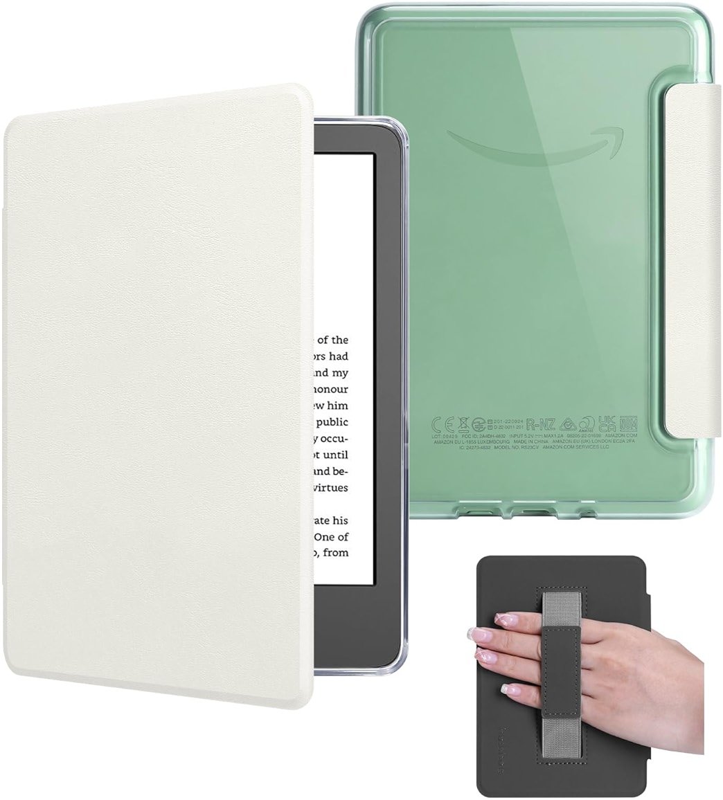 HOICHOE Case for 6" Kindle 2024/2022 Release (11 Generation), Light PU Leather Cover and Transparent Hard Back Shell with Hand Strap, Auto Sleep/Wake, Creamy White - Product Image