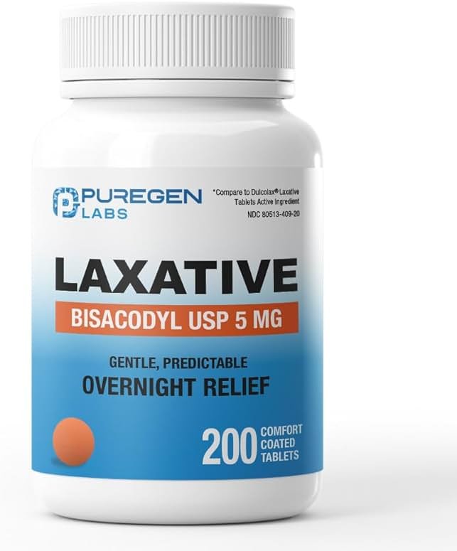 Puregen Labs Bisacodyl 5mg Tablet | 200 Count | Stimulant Laxative, Gentle and Fast Overnight Relief for Constipation - Product Image