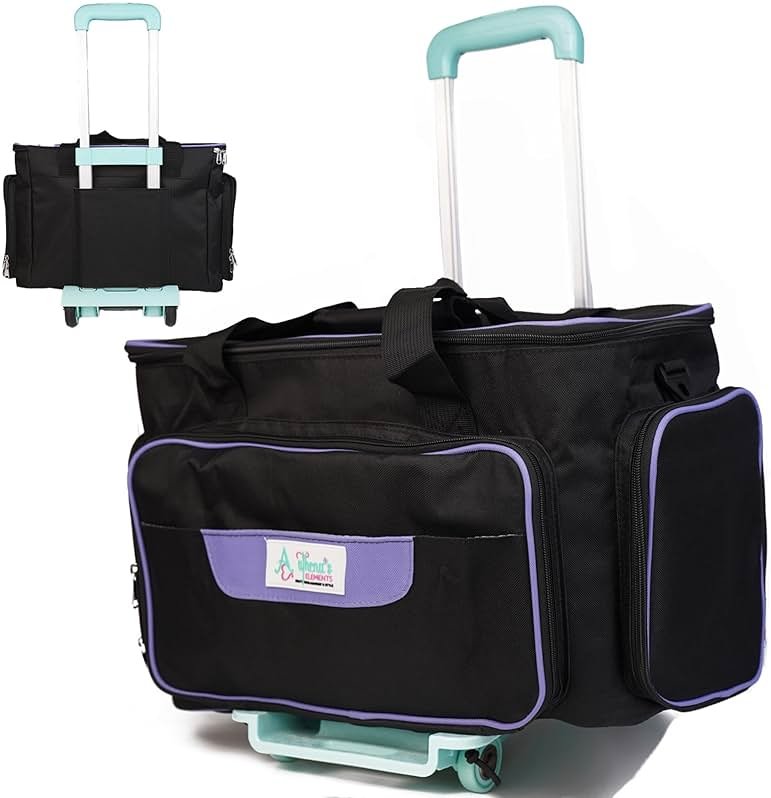 Athena's Rolling Sewing Machine Case with 4 Wheels, Sewing Machine Carrying Case, Black with Purple Trim, Detachable Rolling Dolly, Multiple Storage Compartments, Standard Size (Jet Black) - Product Image
