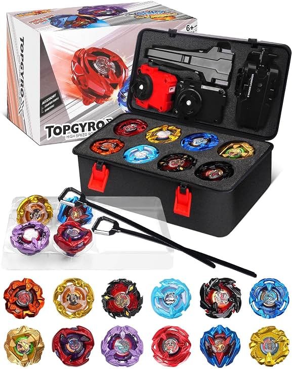DEZAWRTY Gyro X Set, 12 Right Spinning X Blade Tops, 2 Ripcord Launchers, 1 String Launcher and 1 Grip with Storage Box, Battling Game Kids Toys Boys Birthday Gift Ideal for 6+ Years Old - Product Image