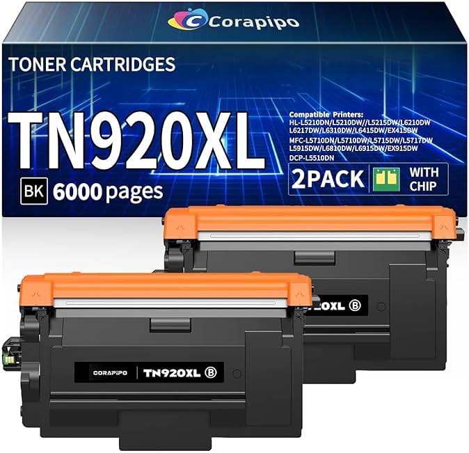 Corapipo TN920XL TN920 High Yield Toner Cartridge HL-L6210DW Compatible for TN920 TN-920XL 920XL with HL-L6210DW HL-L5210DW MFC-L5915DW HL-L6310DW HL-L6210DWT HL-L5210DWT Printers 2 Pack - Product Image