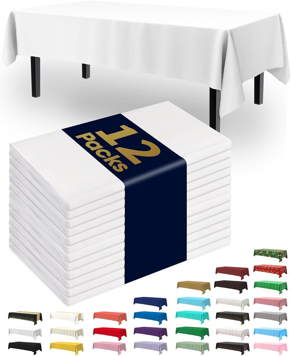 Pureegg Plastic Table Cloth Disposable 12 Pack, 54 x 108 Inch Table Cloths, Party, Picnic, Wedding, Decorative Tablecloths, Rectangle, White Plastic Cover, Leakproof & Sturdy, White - Product Image