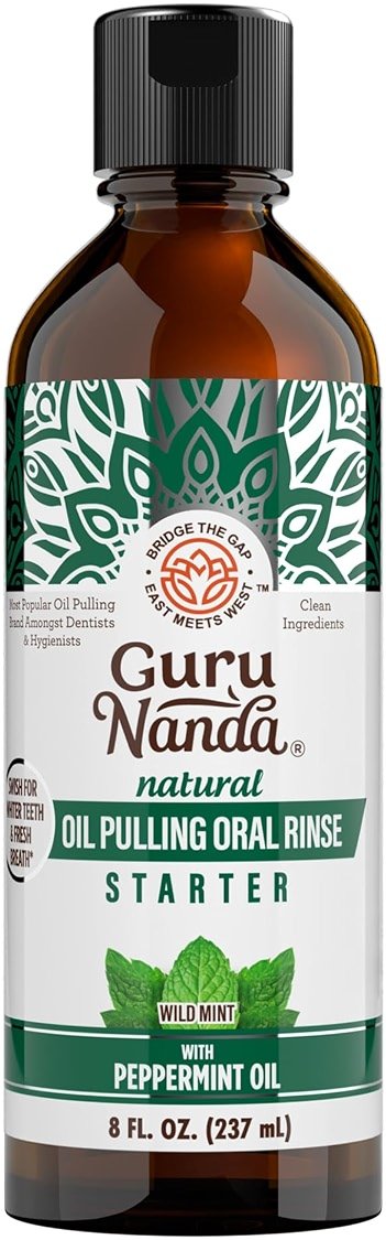 GuruNanda Starter Pulling Oil Mouthwash for Natural Teeth Whitening, Coconut and Peppermint Oil for Fresh Breath & Happy Gums, Alcohol-Free, 8 Oz - Product Image
