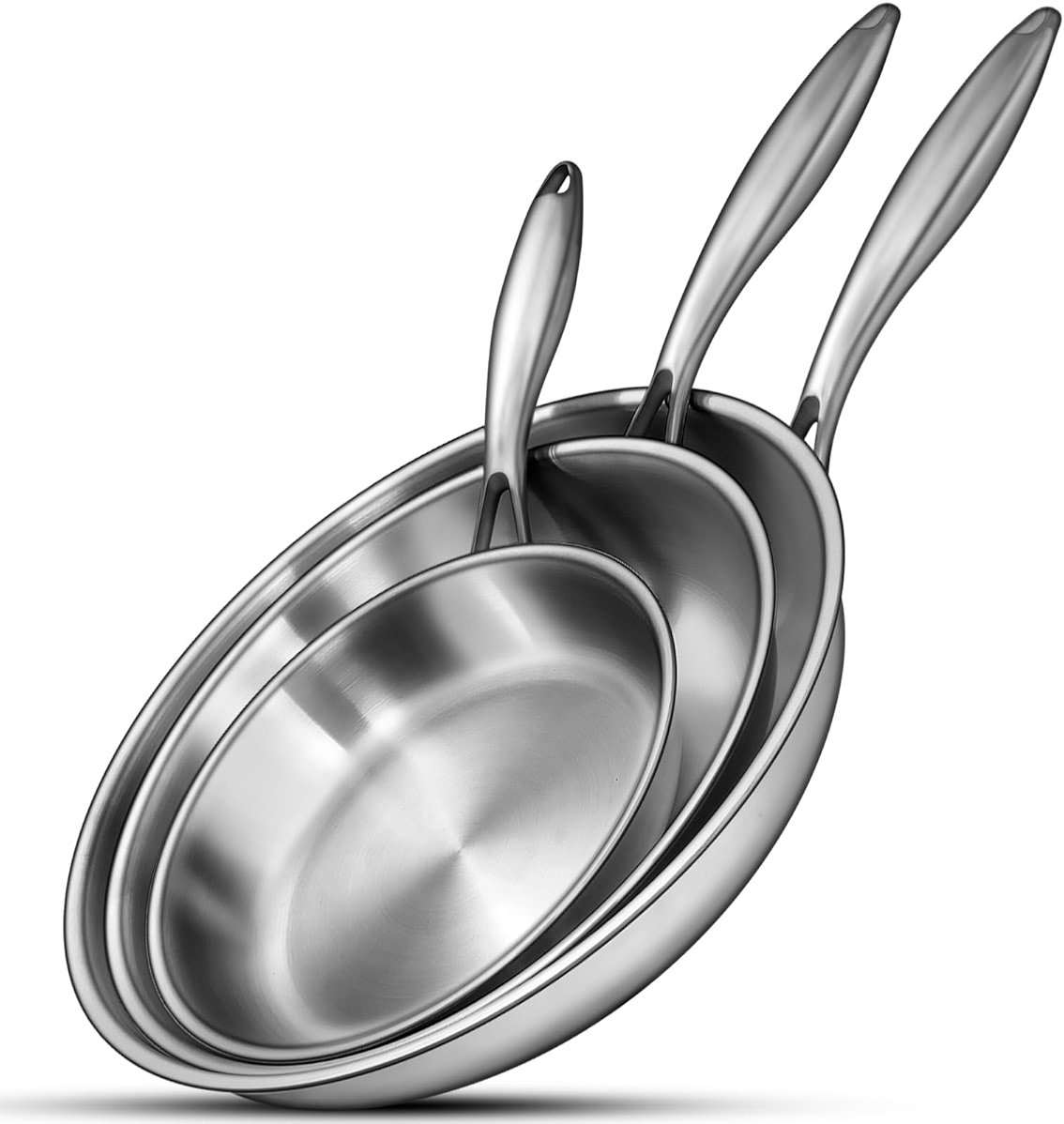 EWFEN Tri-Ply Stainless Steel Frying Pans Set, 8”/10”/12” Cooking pans, PFOA&PTFE Free Skillet, Induction Cooking Pan, Dishwasher and Oven Safe, Fast & Even Heat, Heavy Duty and Detachable Handle - Product Image