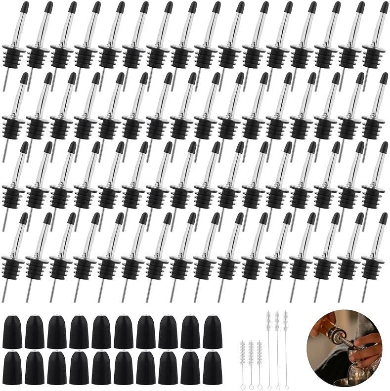72 Pcs Stainless Steel Pour Spouts for Liquor Bottles with Rubber Dust Caps Tapered Bottle Pourers for Alcohol Olive Oil Wine Syrup Whiskey Bar Bartending Accessories - Product Image