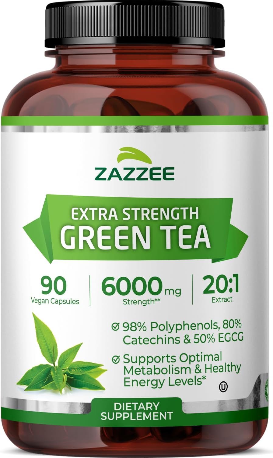 Zazzee Extra Strength Green Tea 20:1 Extract, 50% EGCG, 98% Polyphenols, 80% Catechins, 90 Vegan Capsules, 3 Month Supply, Certified Kosher, Antioxidant & Metabolism Support, Non-GMO, Made in the USA - Product Image