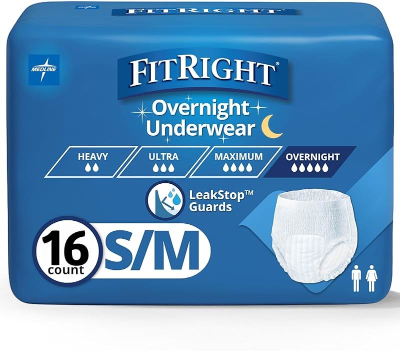 FitRight Overnight Unisex Underwear, Small/Medium (28-40 in Waist), 16 Count, Maximum All Night Disposable Incontinence Protection, Pull-On Absorbent Underwear for Men & Women, 1 Bag - Product Image