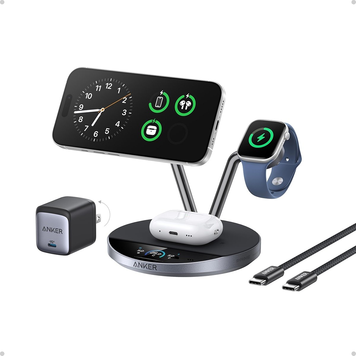 Anker Prime 3-in-1 Charging Station, Qi2.2-Certified 25W Wireless Charger Dock Stand, MagSafe Compatible, Smart Display with TEC Active Cooling, for iPhone 17, Apple Watch, AirPods, and More - Product Image