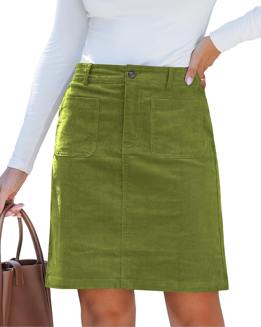 luvamia Corduroy Skirts for Women High Waisted Trendy Fall Elastic Waist Casual Stretchy Short Skirts with Patch Pockets - Product Image