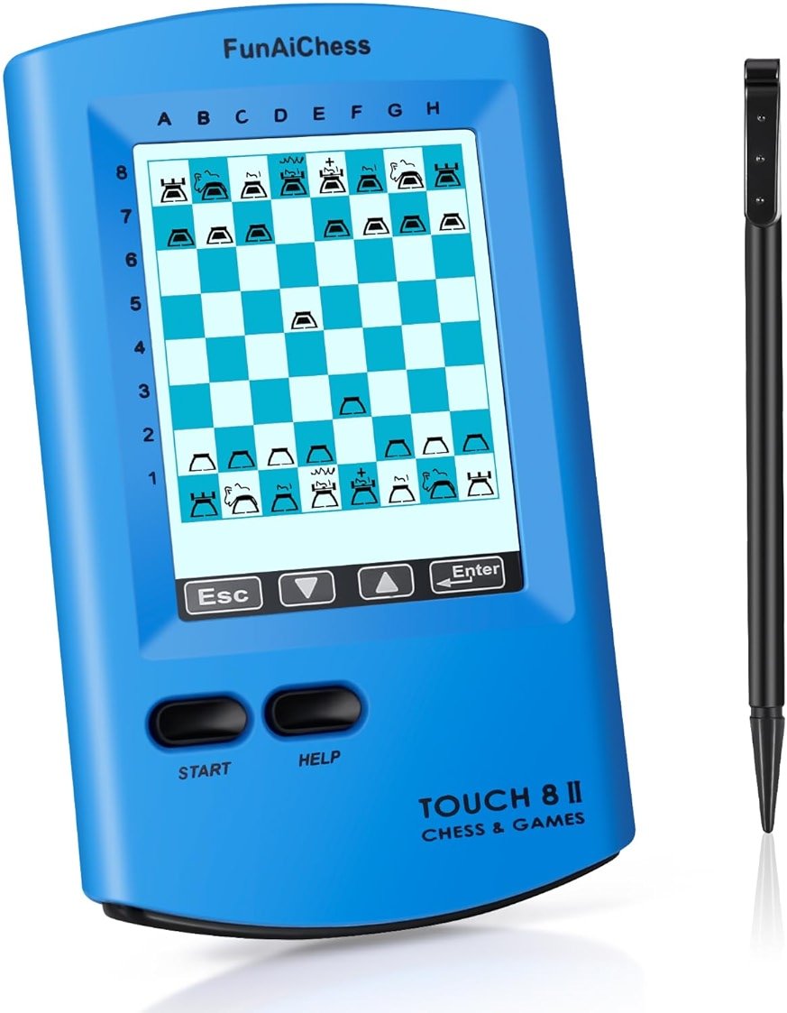 FunAiChess Handheld Electronic Chess Board 8 in 1 Touch Chess Computer Game Portable Electronic Chess Set for Adults, Kids,and Beginners Learn and Travel with Stylus Large LCD Display Gift(Blue) - Product Image